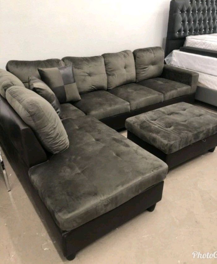 Brand New Charcoal Grey Microfiber Sectional Set With Decorative Pillows & Storage Ottoman