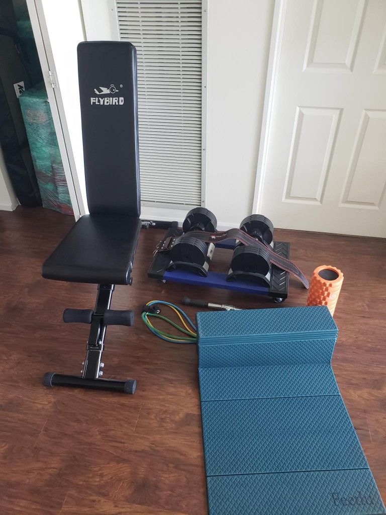 Compact Home Gym Bundle – Bench, Adjustable Weights, Resistance Bands, Foam Roller, Mat