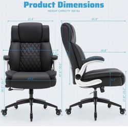 ✌️ High Back Office Chair with Locking Wheels, Large Executive Desk Chair, Flip Arms Adjustable Lumbar Support, Ergonomic Synthetic Leather Computer