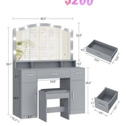 😀 Makeup Vanity with Lights, Vanity Desk, Makeup Vanity Table with 3 Drawers, 2 Cabinets & Long Storage Shelf, 10 Led Lights, Dressing Vanity Table