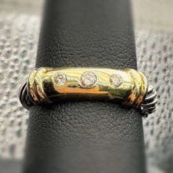 David Yurman 14k Gold & 925 Sterling Silver 5mm Cable Metro 3 Diamond Ring sz7.5