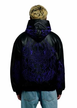 METAL EMBROIDERED LEATHER PADDED BOMBER BLACK/PURPLE Size Large Men’s