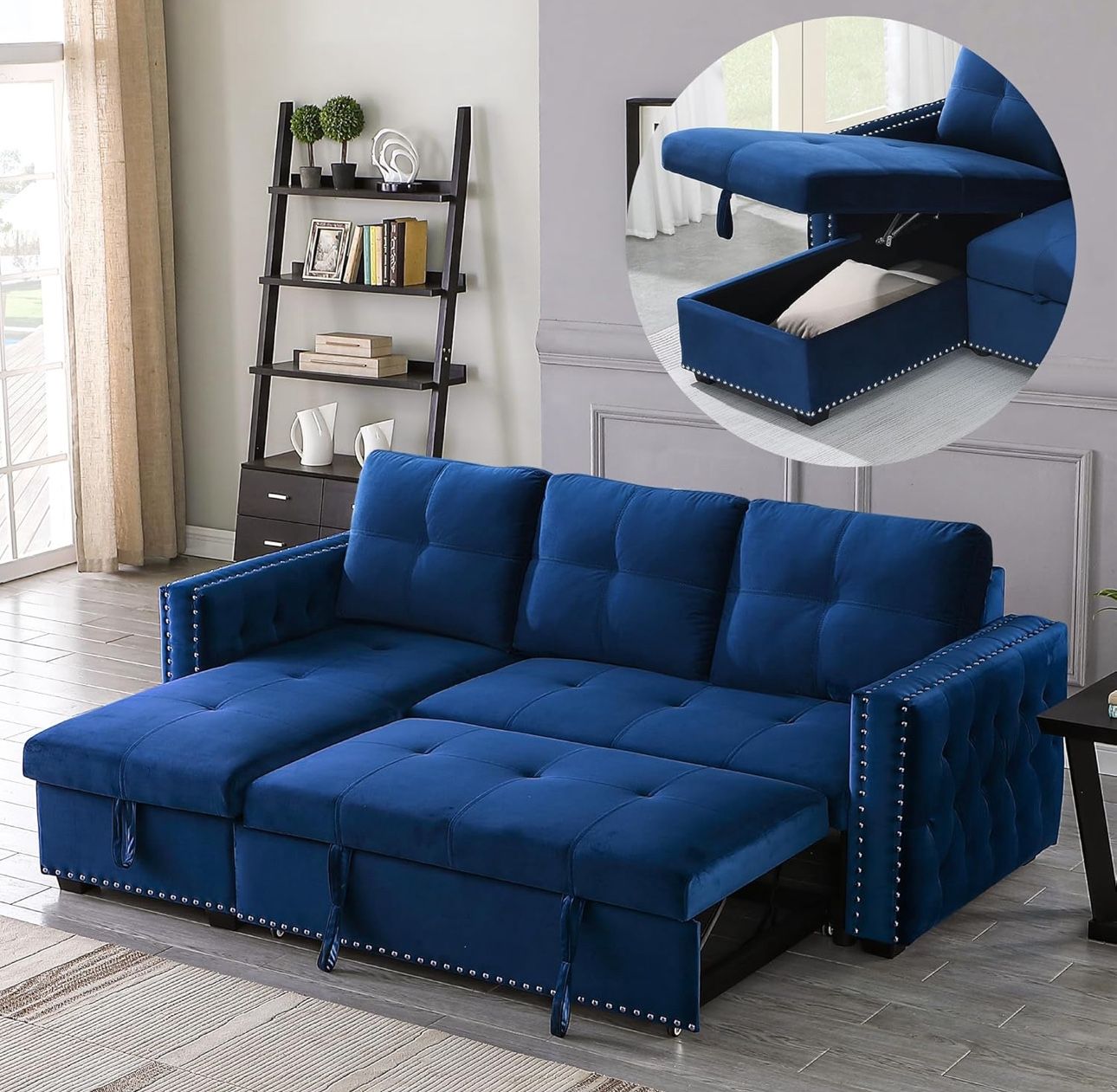 Velvet Reversible Sleeper Sectional Sofa L-Shape 3 Seat Sectional Couch with Storage (Blue)