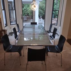 Mid-Century Extendable Chrome Dining Table With Frosted Glass And Chairs