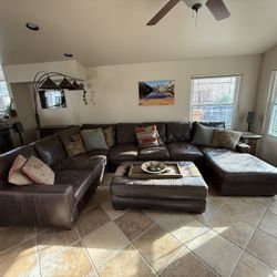 Large Dark Brown Leather Sectional With Chaise Lounge  And Ottoman