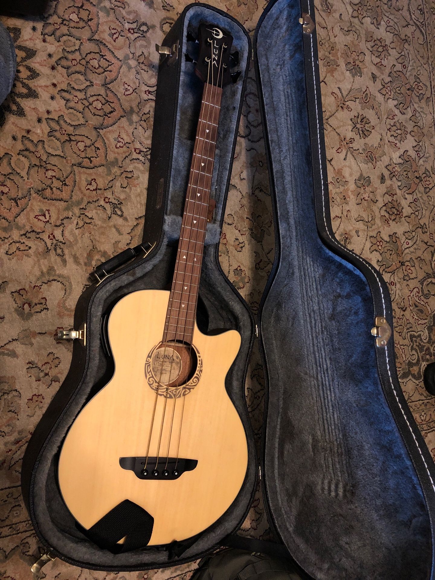 Luna acoustic electric bass guitar. Case and amp included