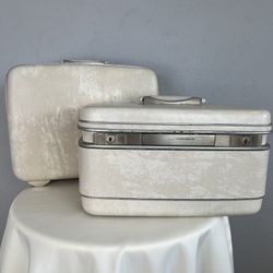 Vintage 1970s Samsonite Silhouette Marbled Off White Suitcase Vanity Cosmetic Case Set of 2