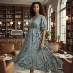 Lark Grey Fern Green Flowy Prairie Dress SZ XL