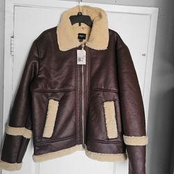 Men's Brown Jacket Faux Leather Brown XL Sherpa Chamarra 