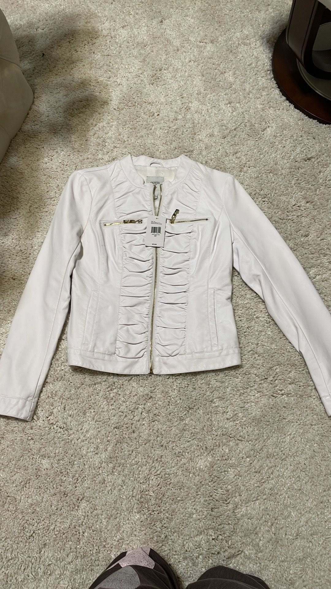 New Guess fake leather womens jacket coat white gold small ruching