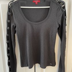 Like New - Guess - Ribbed - Long Buckle Sleeve Women’s Top - Size M - Charcoal Grey