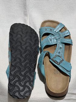 Birkenstock “Betula” - teal straps w/silver metal studs and gems
