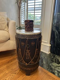 Vintage Wooden Carved DRUM Small Table Tiki End Table Nightstand Rustic Islander Musical Instrument Torn Top