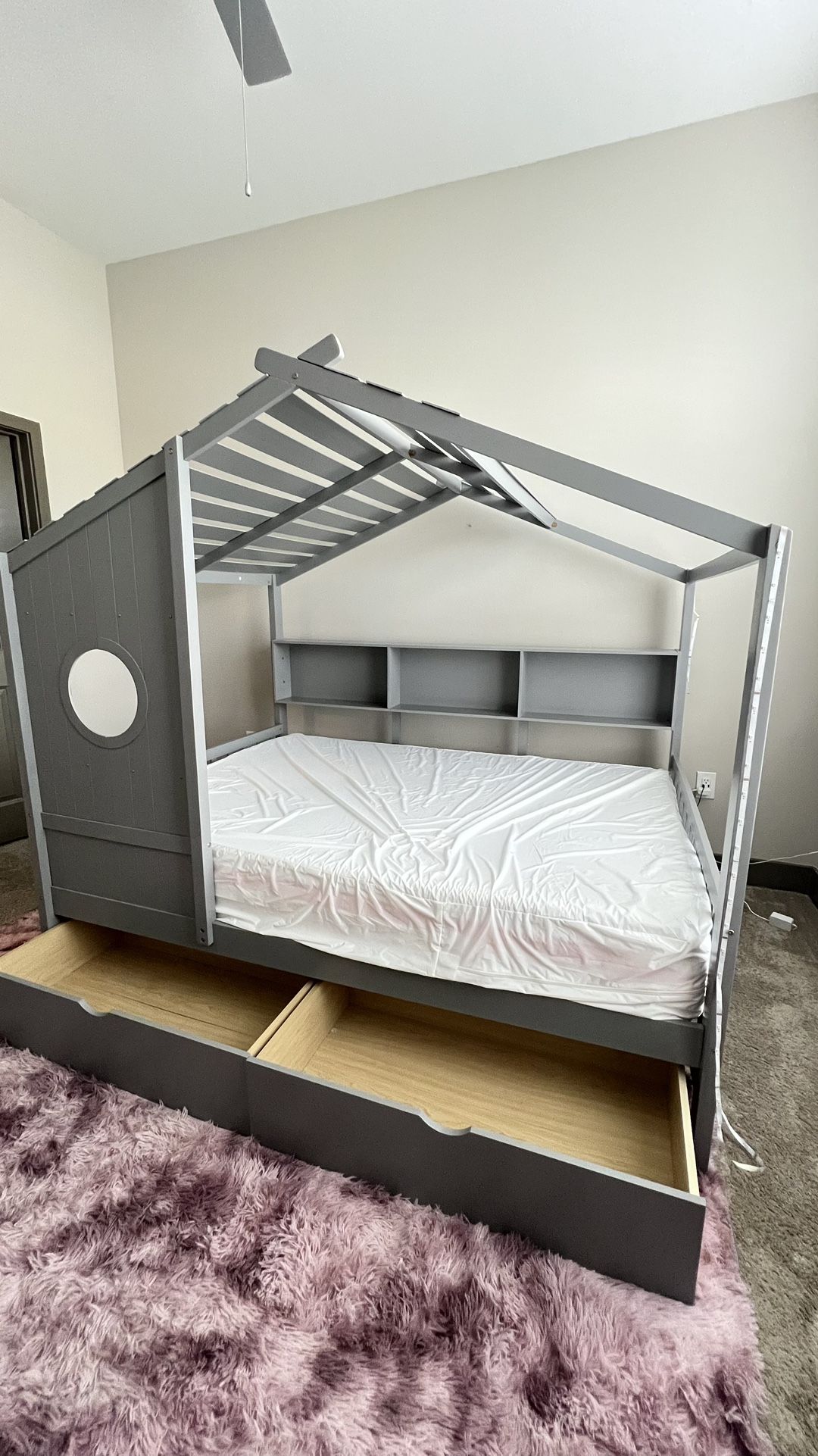 Gray Barnhouse-Style Full Kids Bed Frame + Mattress – $400 (OBO)