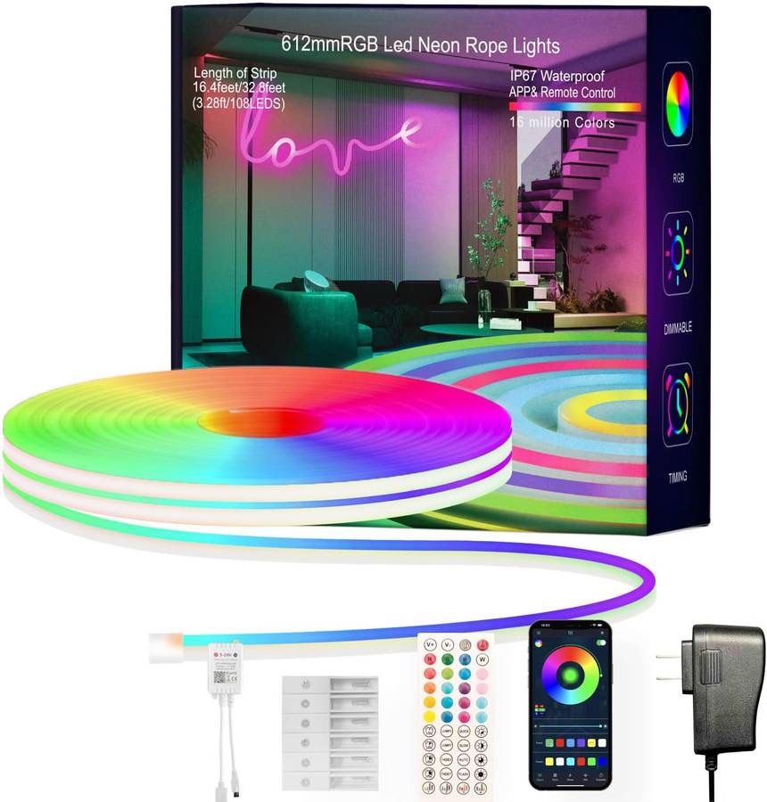new Led Strip Lights, RGB 16.4FT Neon Rope Lights for Bedroom App+Remote Control Music Sync Color Changing Outdoor IP67 Waterproof for Bedroom,Living,