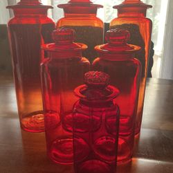 Rare Vintage  Set Takahashi MCM Red Orange Glass W/ Daisy Lid