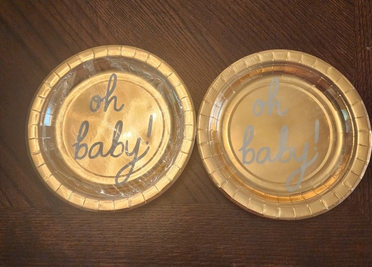 7in Gold Party Snack Plates with 'oh baby!' Design 40qty