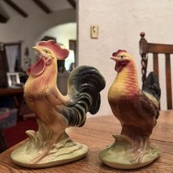 Vintage Royal Copley Rooster and Hen Colorful Ceramic Figurine Set 