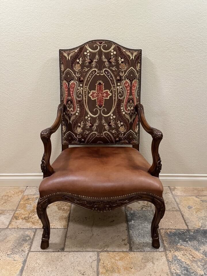 Custom Leather Upholstered Nailhead Trim Accent Arm Chair