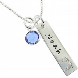 My Tiny Prints Personalized Sterling Silver Name Necklace. Customize with Child's Name, Engraved with Solid Baby Feet. Add Your Choice of Birthstone a