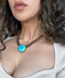 Vintage Lauren Ralph Lauren Brown Leather Turquoise Necklace 90s Y2K