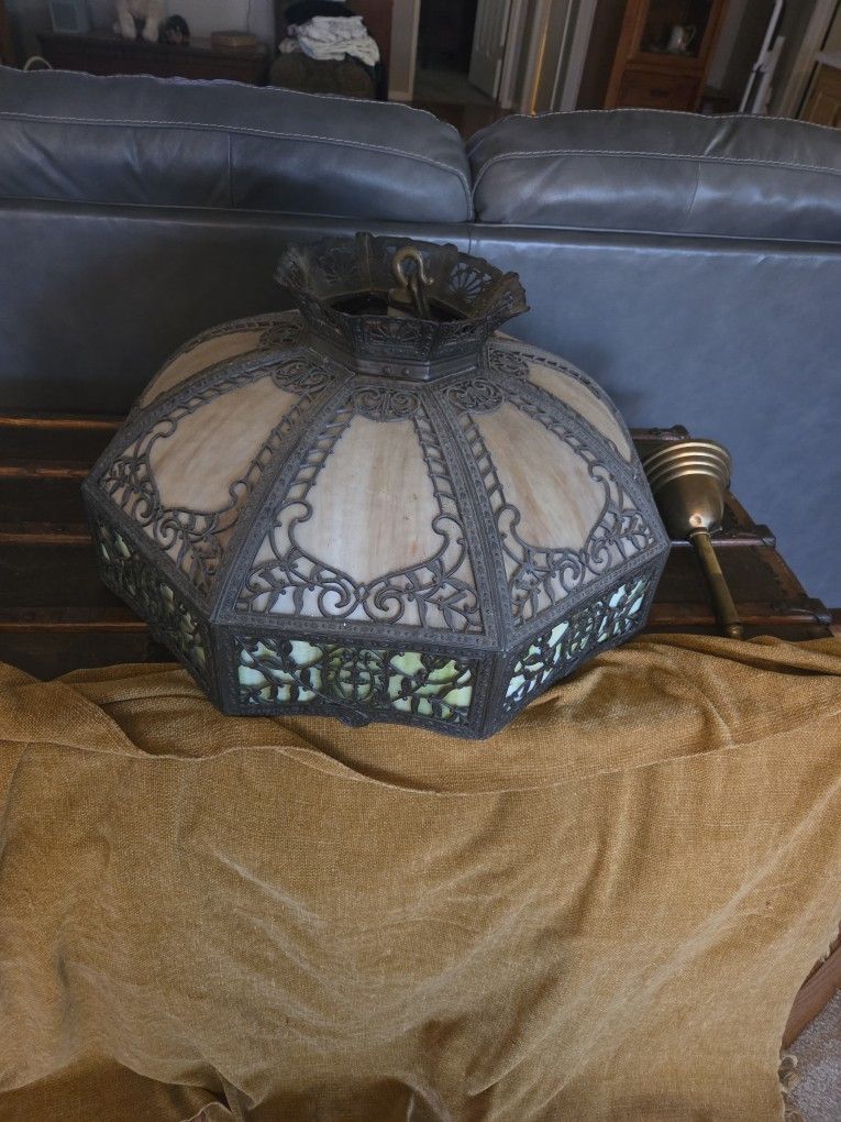 Tiffany Style, Antique Slag Glass Hanging Lamp. Excellent Condition
