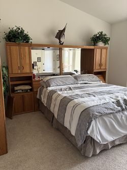 Solid oak king side headboard, rails and armoire/wardrobe cabinet