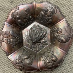 South African Souvenir Embossed Copper Art Bowl 7.5" Tribal Women Protea Flower