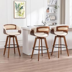 Bar Stools Set of 3 - 29.5 inch Swivel Bar Stools with Curved Rattan Back, Walnut Craftsmanship, Faux Leather Upholstered Seat, Mid Century BarStools 