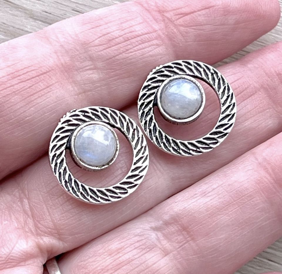 Natural Rainbow Moonstone 925. Sterling Silver Stud Post Earrings