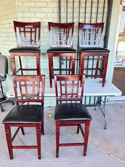 Set of 5 Wooden Bar Stools with Black Cushioned Seats