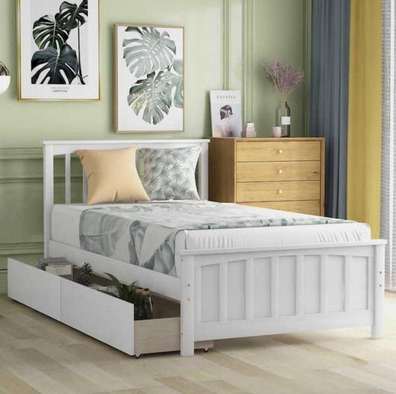 NEW White Wood Frame Twin Size Platform Bed with 2 Storage Drawers