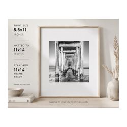 Black & White Under the Pier Fine Art Print – 8.5x11 Print in 11x14 White Mat – Coastal Photography Wall Art