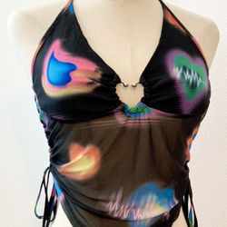 Women’s ~New~ SHEIN Tye-Dye Metal Heart W/Side Ties Halter Top Black Size Large