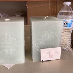 Pair Of Asian Themed Light Green Large Candle Blocks By Austin 6”x4”