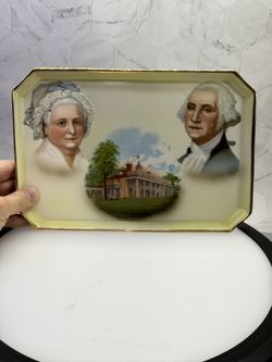 (1) Vintage porcelain decorative tray featuring portraits of George and Martha Washington and an image of their home, Mount Vernon, Virginia