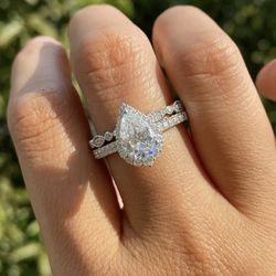 NEW! 2CT. Pear Cut Halo, Certified Genuine Moissanite Gemstone Wedding Ring Set, Please See Details 🌹