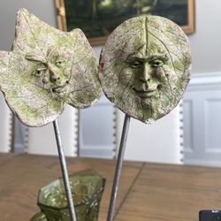 Pair 2003 Ancient Graffiti Leaf Face Mythical Man • Woman Wall Art Sculpture
