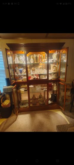 Large Wood and Glass Lighted China Cabinet