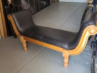 Vintage Hand-Carved Bench with Real Leather