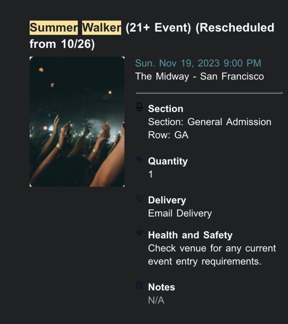 SUMMER WALKER TICKET (1) IN SF TONIGHT (11/19) 