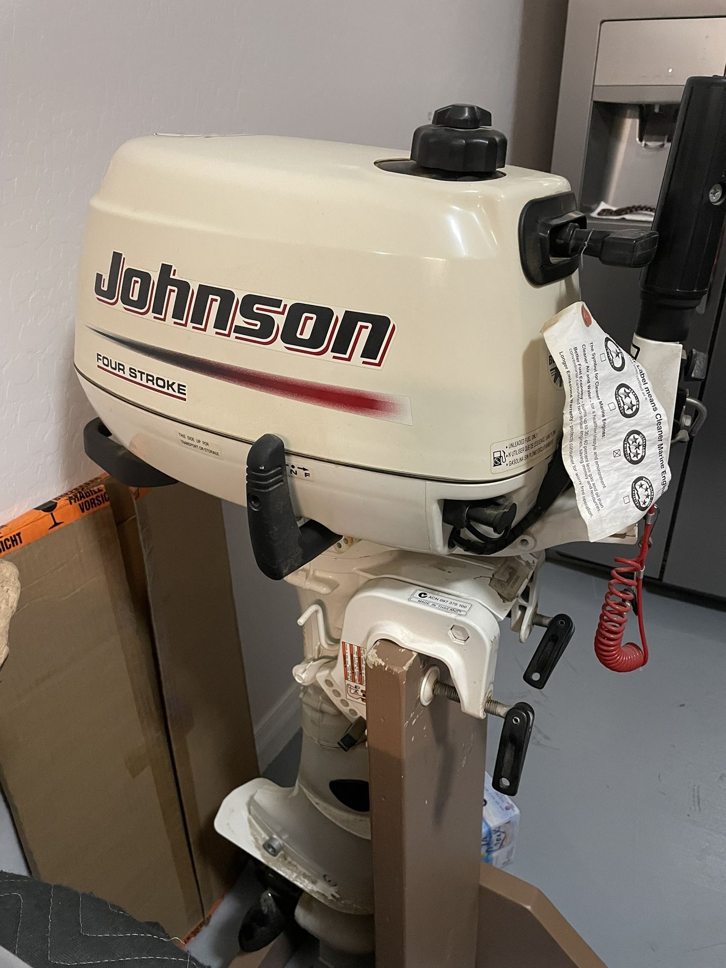 Like New Johnson 6 Horse Outboard Motor & Metal Signs Fishing for