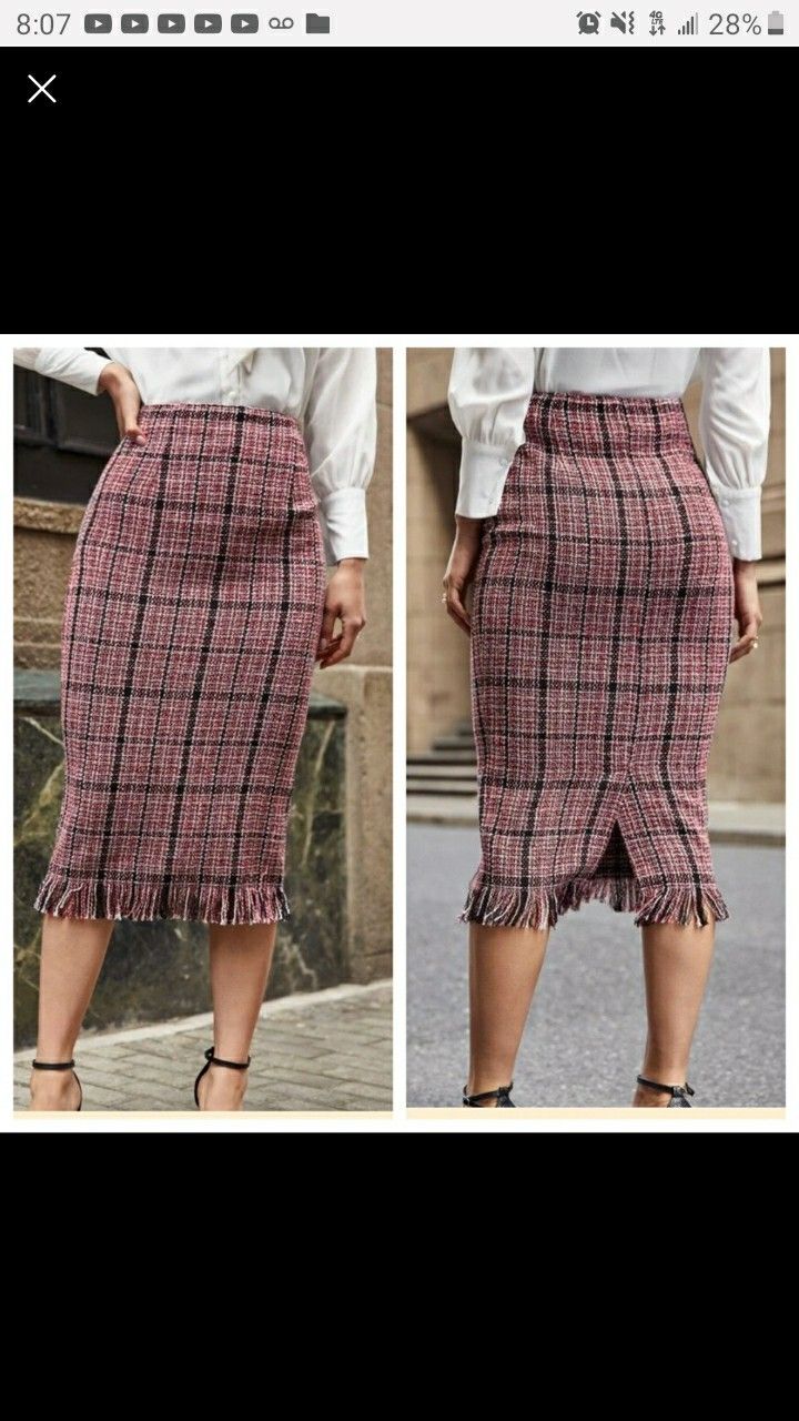 Shein Red Black and White Raw Hem Tweed Midi Skirt