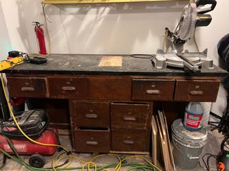 Old chemistry bench, solid slate top and solid wood