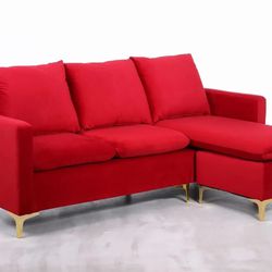 Red Velvet Sectional Sofa with Pillow Back and Movable Chaise - Red