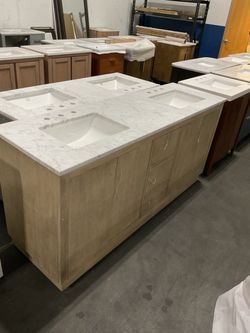 72” Grey Oak Solid Wood Bathroom Vanity with Marble Top (V233)