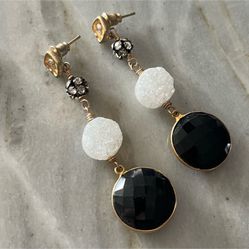 Handmade Black, White, Gold Crystal Gem Dangle Earrings