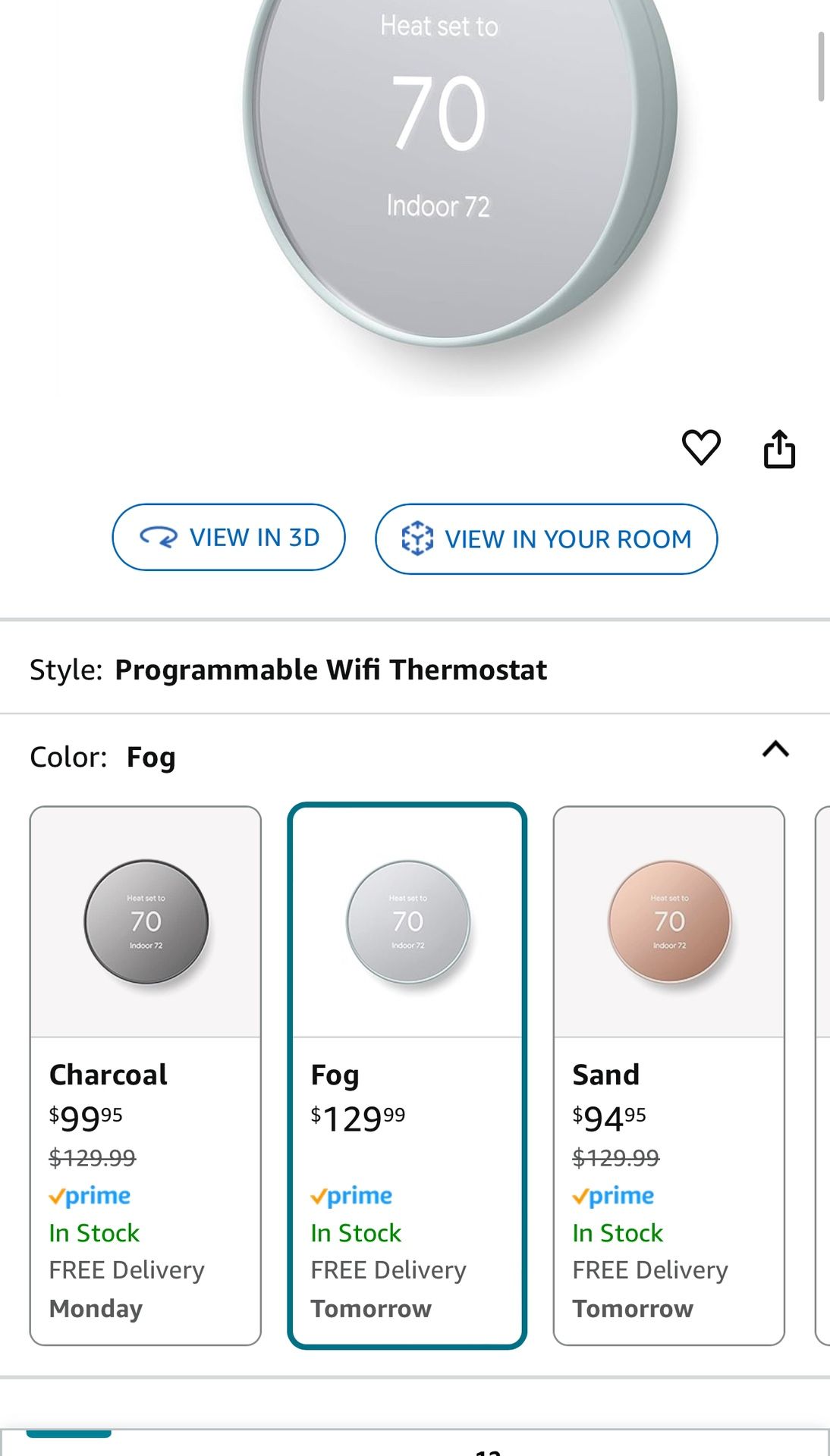 Google Nest Thermostat - Smart Thermostat for Home - Programmable Wifi Thermostat - Fog 500+ bought in past month