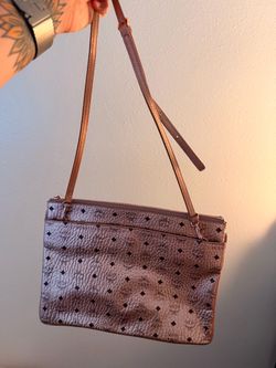 MCM metallic rose gold visetos medium pouch crossbody
