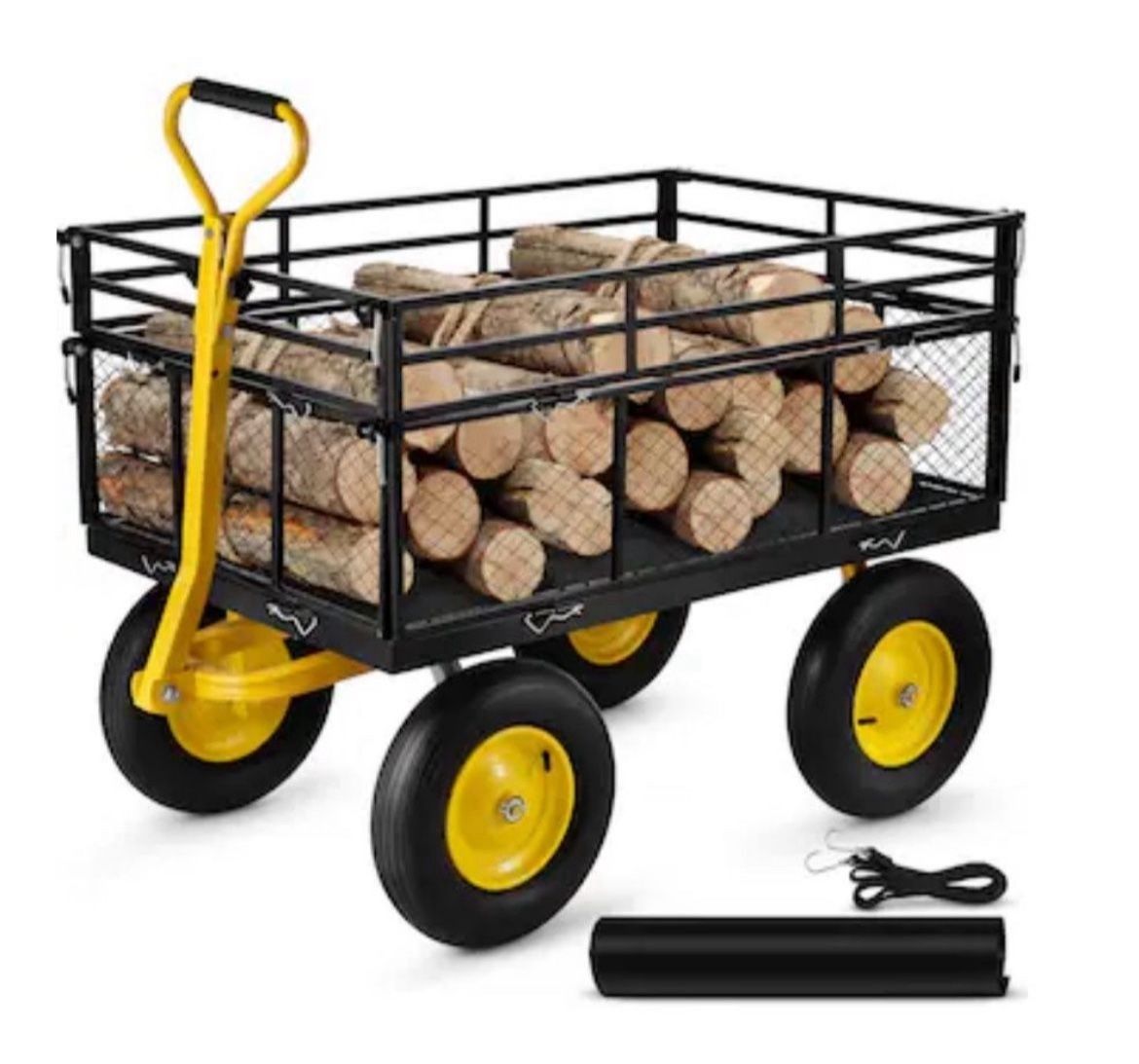 VEVOR Steel Garden Cart, Heavy Duty 1400 lbs Capacity, with Removable Mesh Sides to Convert into Flatbed, Utility Metal Wagon with 2-in-1 Handle and 1